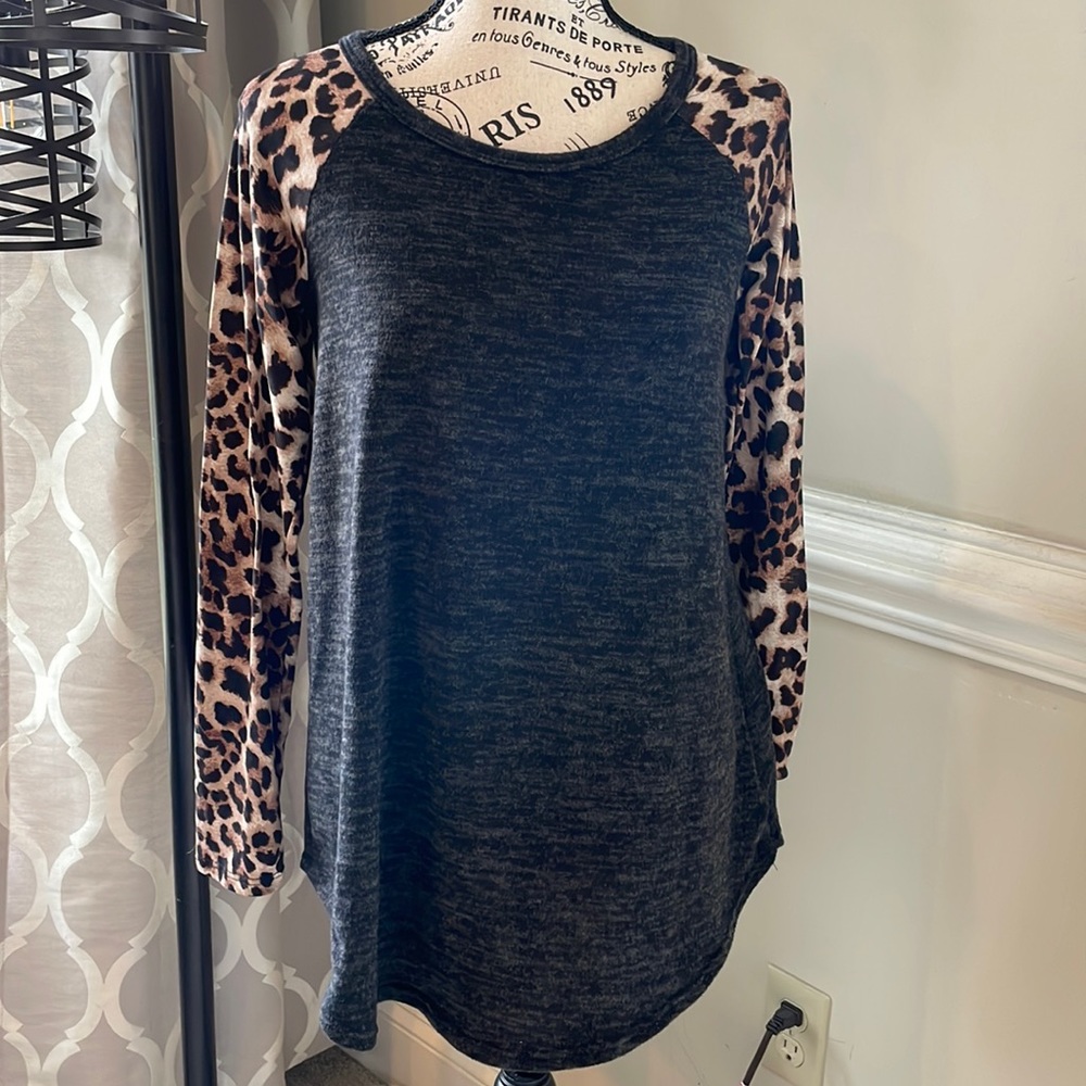Charcoal Top with Long Sleeve Leopard Sleeves